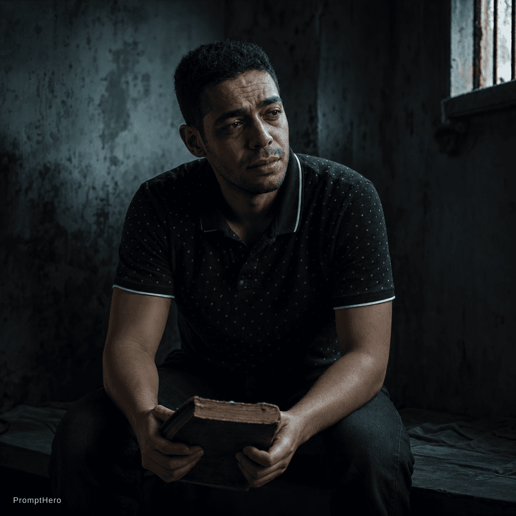 AI generated: A hyper-realistic cinematic portrait of a depressed man sitting alone in a dimly lit, cold room. He ...