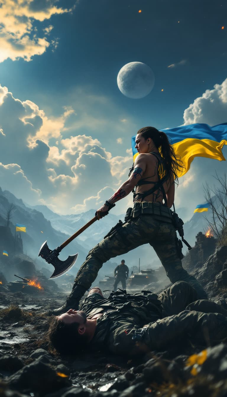 AI generated: An all over the body Tatooed with Ukrainian trident motif heavily armed with rifles and battle axe U...