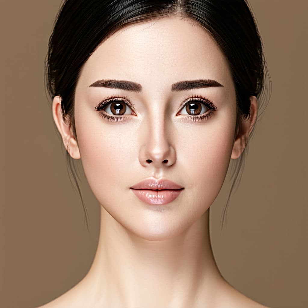 AI generated: A Female with a distinct facial structure, comprising: a narrow chin width, a short chin length, and...