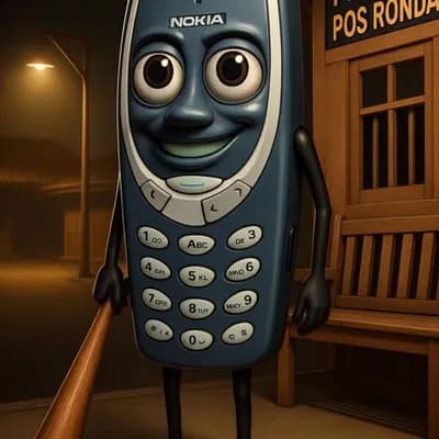 AI generated video: A surreal cartoonish Nokia 3310 character in a nighttime setting, holding a wooden bat. The characte...