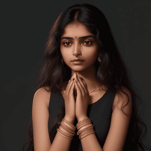 AI generated: A young  indian woman with long wavy brunette hair rests her head on her clasped hands. She wears a ...