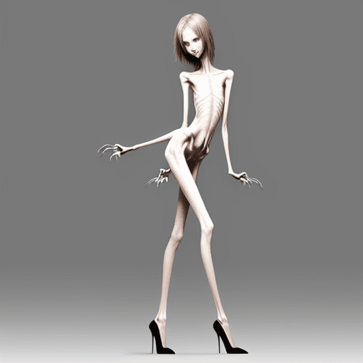 AI generated: kneering position of extreme skinny slender anorexic girl very skinny slender girl, with long curved...