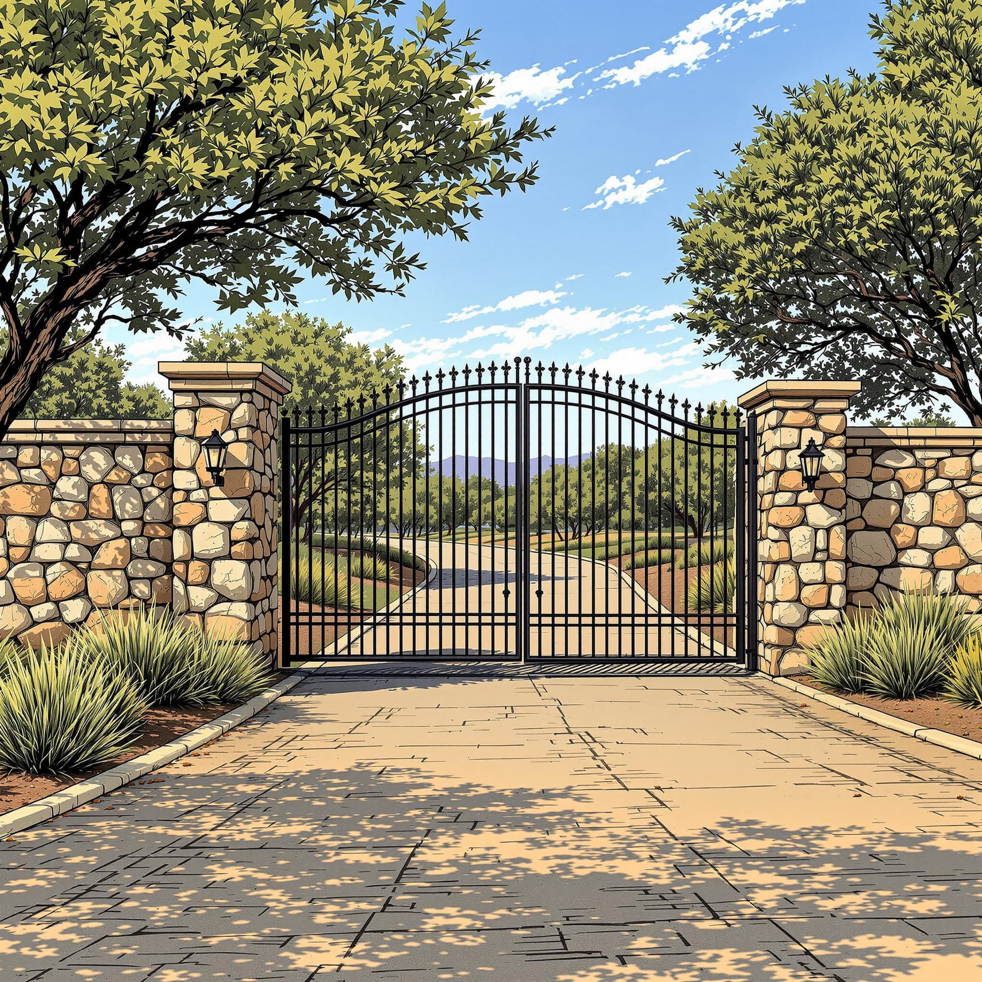AI generated: Can you please give me an architectural exterior elevation of an AUTOMATED ROLLING HOG WIRE ENTRY GA...