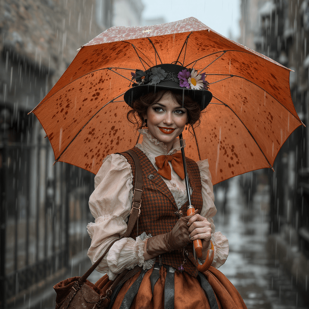 AI generated: In turn of the century London, a magical nanny akin to Mary Poppins, lands with and umbrella in her ...