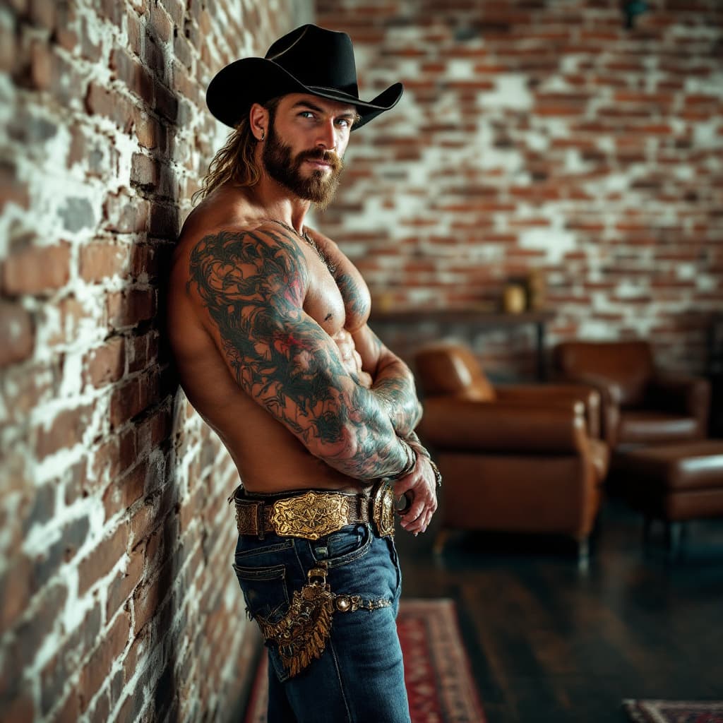 AI generated: Cowboy looking at me from across the room leaning on brick wall, old dark hardwood floors, modern br...