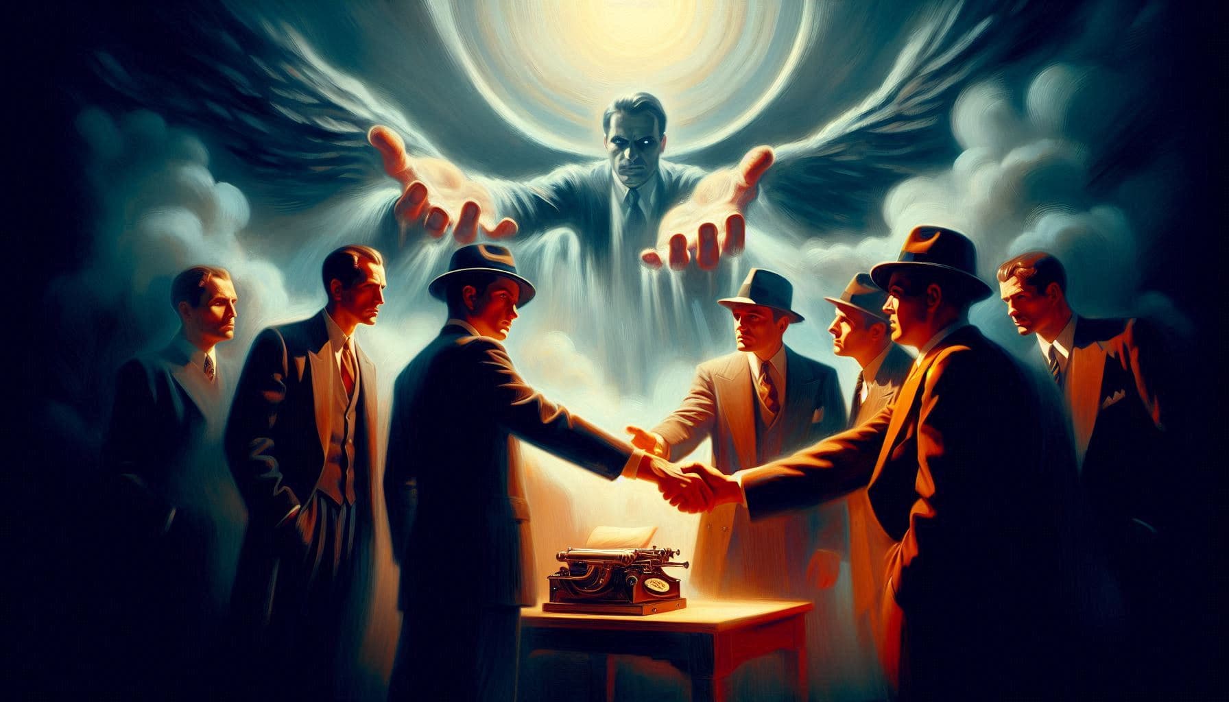 AI generated: A mafia clan makes offers that noone can refuse, film noir movie scene, a feverish dream, symbolism,...