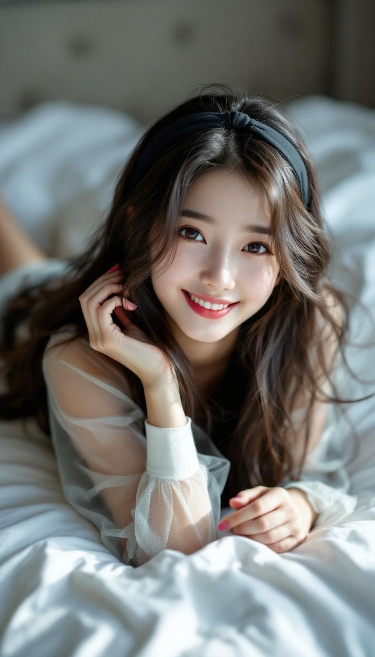 AI generated: Cute, pretty Korean girl with long hair wearing a transparent shirt and black headband lying on the ...