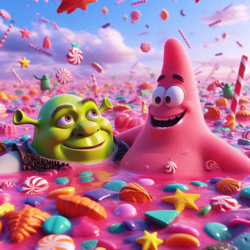AI generated: 
Patrick Star and Shrek swimming in candy river, realism, 4k