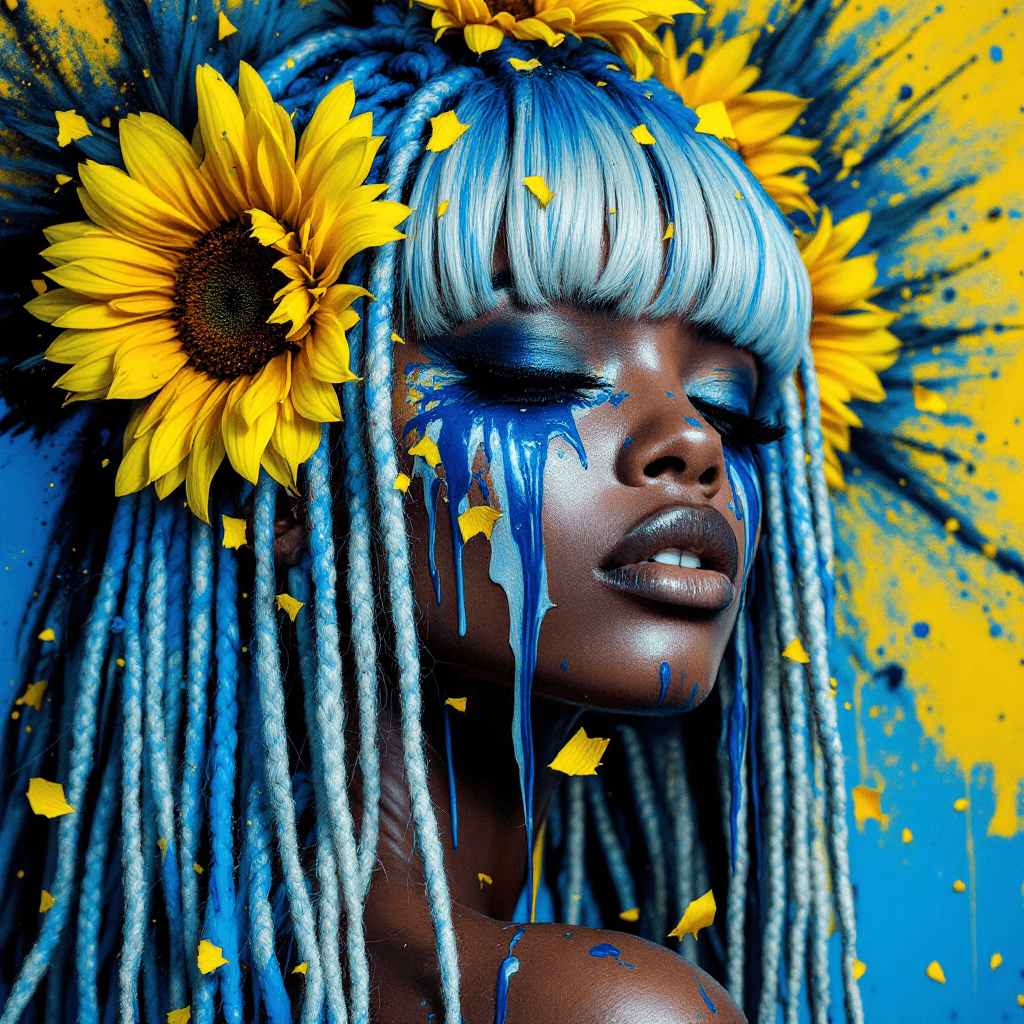AI generated: platinum sunflowers torn asunder, African-American woman, twisted braids with bangs dark makeup, ele...