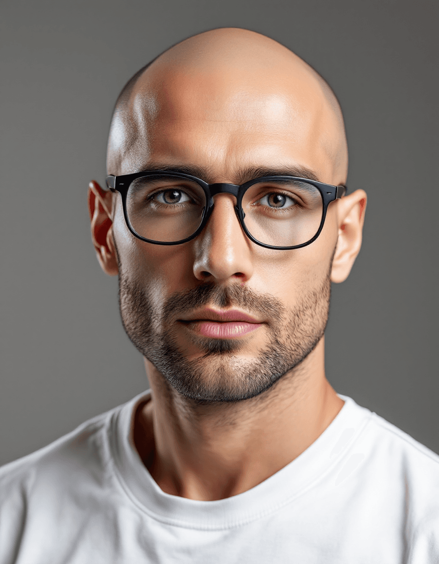 AI generated: Hyper-Realistic upper body photo, handsome Caucasian bald man, clean face, clean shaved face, rounde...