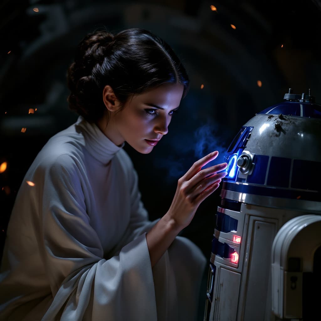 AI generated: "An ultra-detailed, cinematic scene of Princess Leia Organa crouched closely beside R2-D2 in the dar...