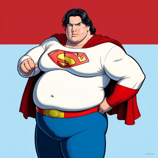 AI generated: Javier Milei as 55 years old, fat Superman, cartoon, high details, comic. wtih no lines, 

