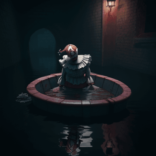 AI generated: Clown It 4K, Malevolent, Sewer Full of Water, Paper Boat, Blood, 8K
