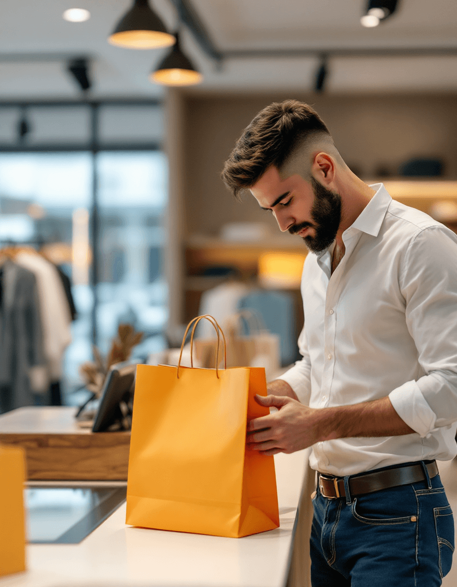 AI generated: A modern, minimalistic, women's clothing store checkout counter anchors the scene. A handsome Caucas...