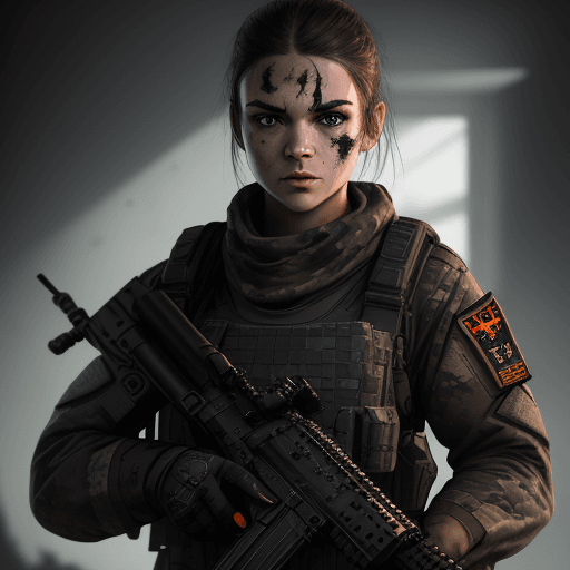 AI generated: Battle-scarred SOLDIER army wearing black ops uniform, holding carbine rifle, anthropomorphic, super...
