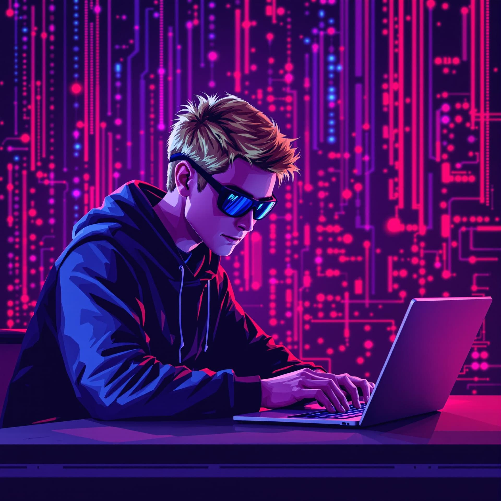 AI generated: A young male  blonde, blue eyed hacker using Kali Linux to penetrate an advanced computer system.
