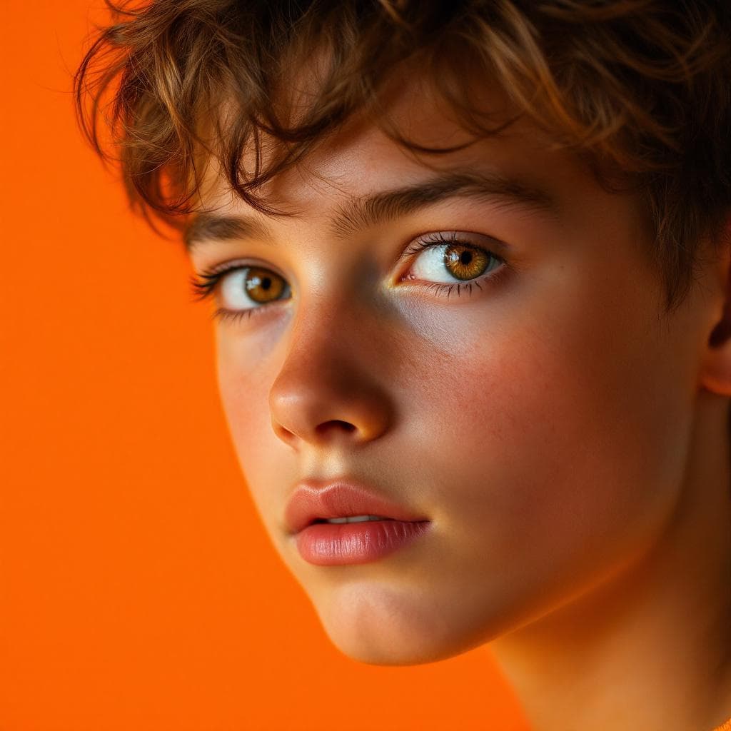 AI generated: editorial photography, side view, upper-body, nine years old boy model, background is solid orange, ...