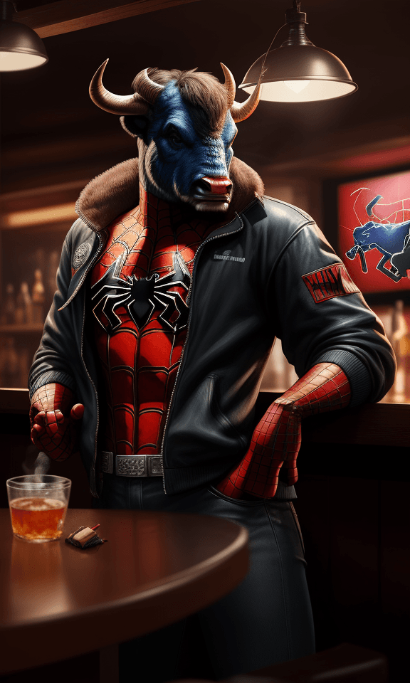 AI generated: A buffalo is smoking in a bar, hyperrealistic futuristic,wearing spiderman jacket, 8k, artstation