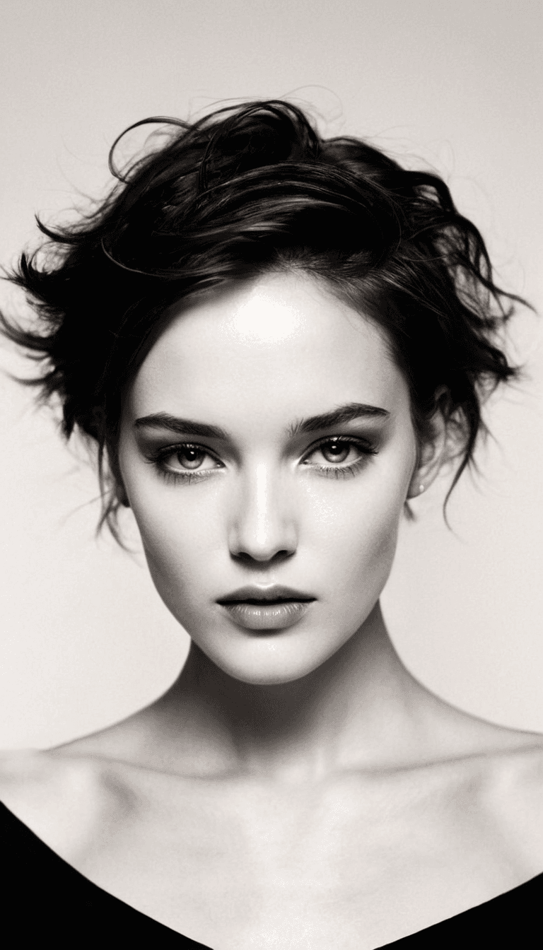 AI generated: black and white photography, fashion editorial, portrait of a dark shorthaired beautiful woman in st...