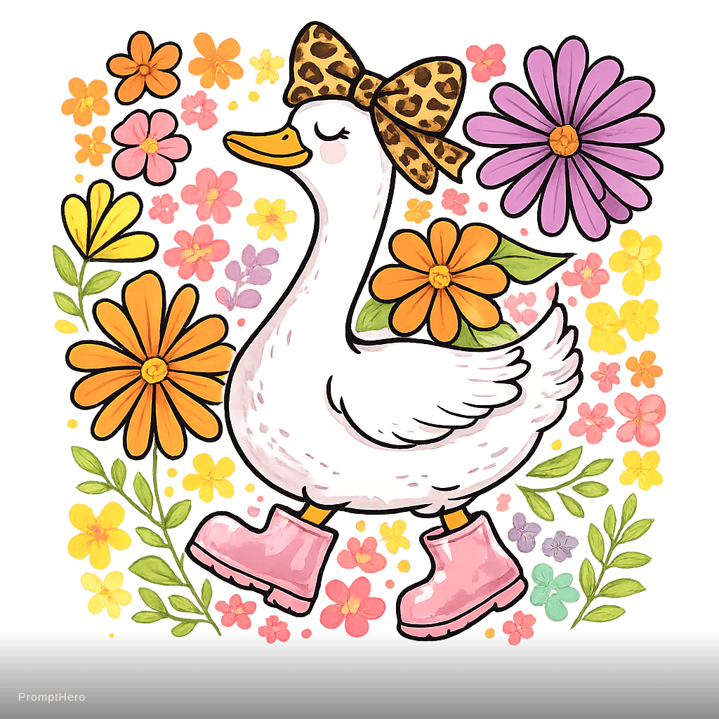 AI generated: Cute white duck walking confidently, wearing glossy pastel pink boots and an oversized classic leopa...