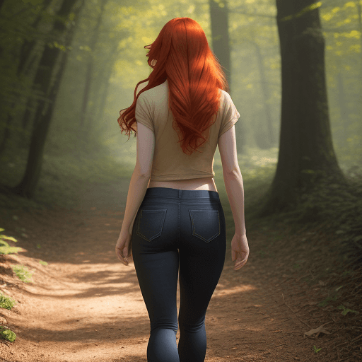 AI generated: < redhead girl, full body, taken from behind  hand on her hip, natural lighting, 4k, photography, ph...