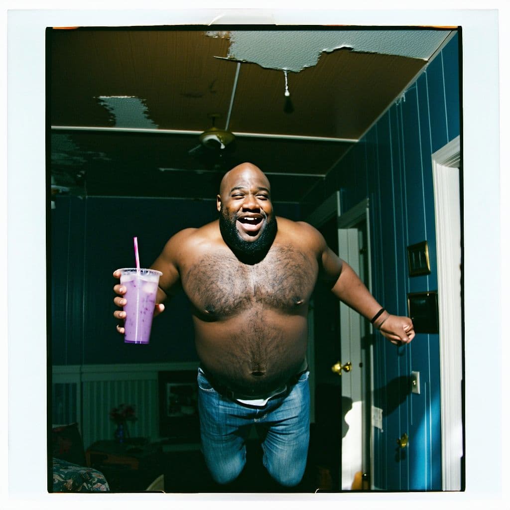 AI generated: grainy 80's photograph quality polaroid of big fat bald elated black man floating in the air with a ...