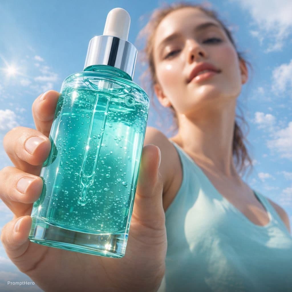 AI generated: A trendy skincare campaign photo shot from an extreme low angle, close-up perspective of a young wom...