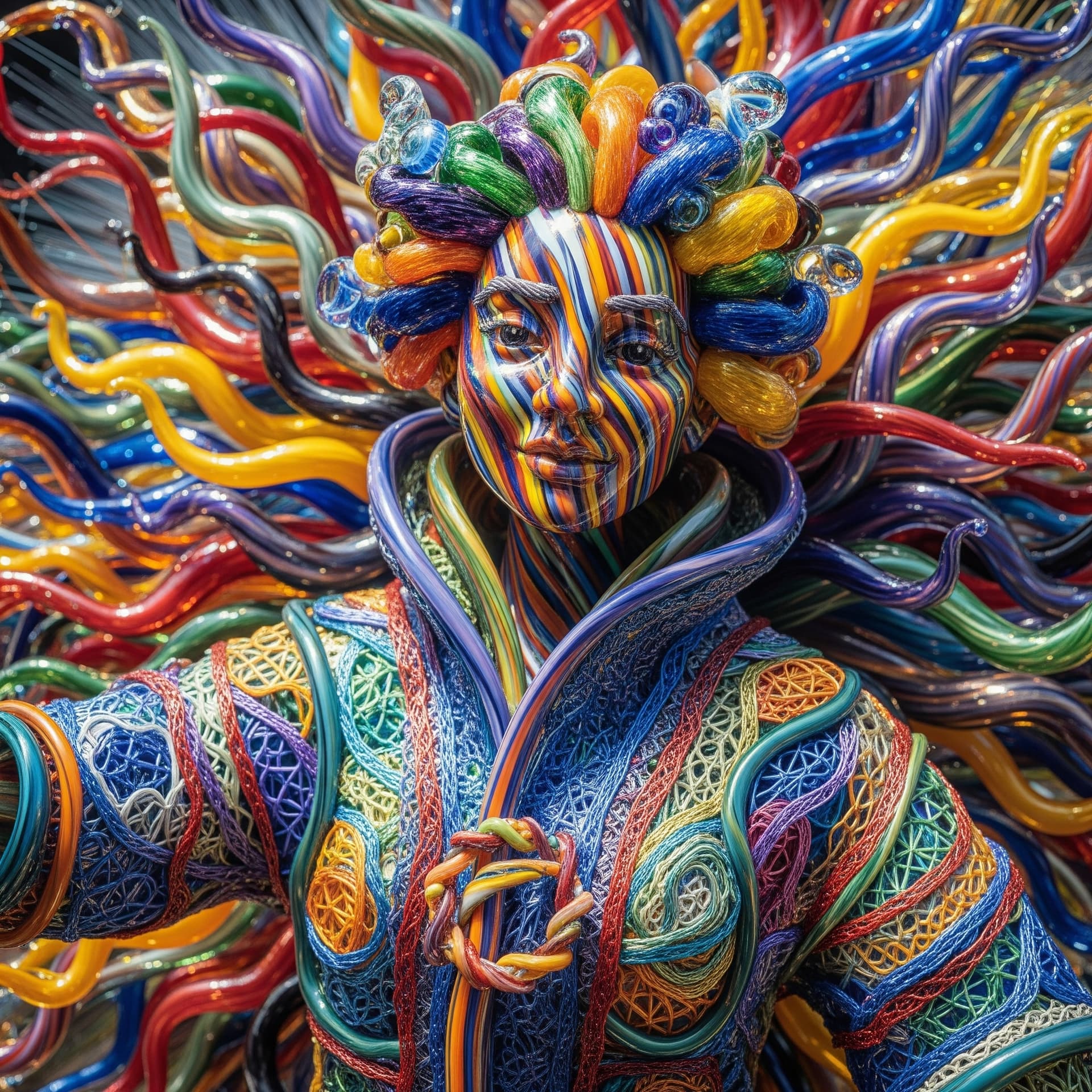 AI generated: A detailed, close-up view of a colorful glass fiber sculpture depicting a person. The sculpture is c...