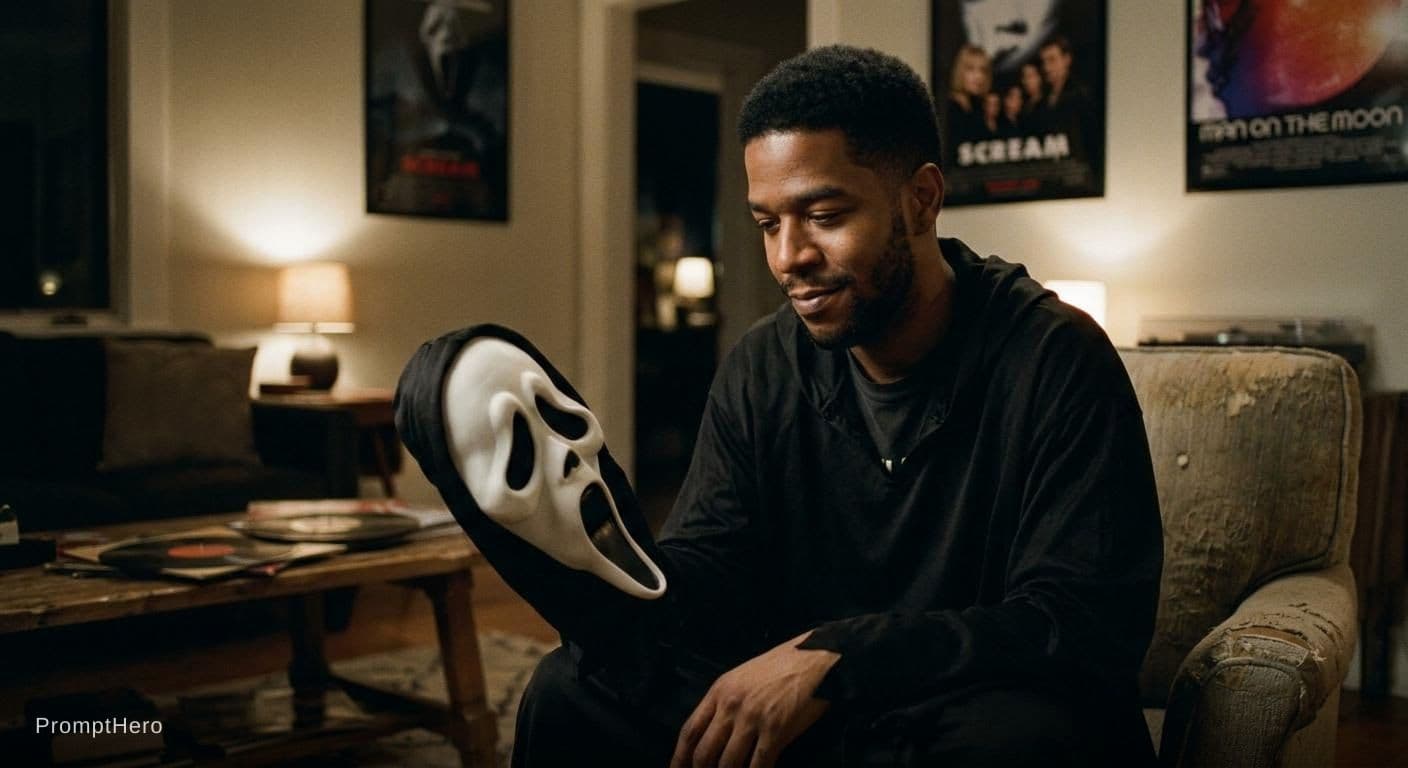 AI generated: Kid Cudi as Ghostface with mask off