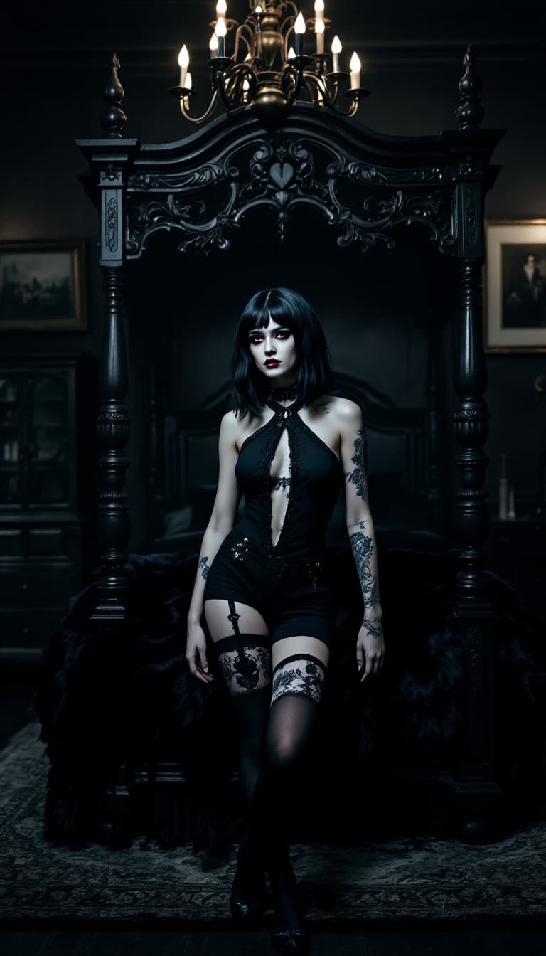 AI generated: A dark, moody portrait in a gothic Victorian style. A thicc young woman with shoulder-length black h...