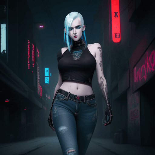 AI generated: beautiful pale cyberpunk female with heavy black eyeliner, blue eyes, shaved side haircut, bluen jea...