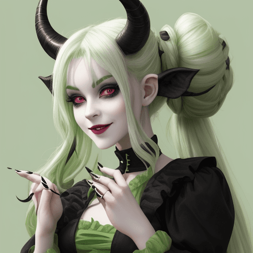 AI generated: YoungTiefling woman with a cute green dress, long white hair with two side buns and black stripes, a...
