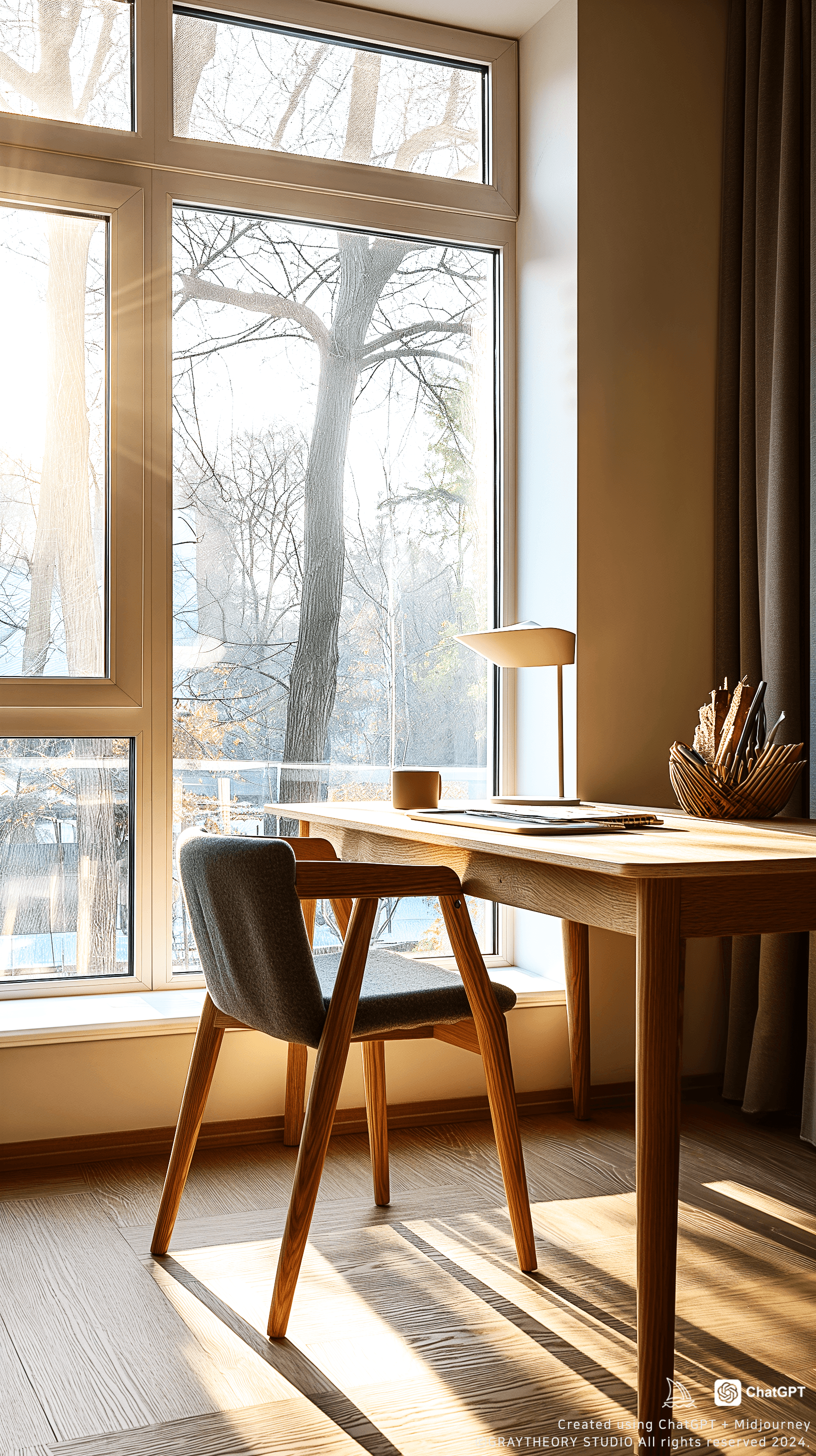 AI generated: scandinavian home office, natural oak desk, ambient lighting from window, captured from a low angle ...