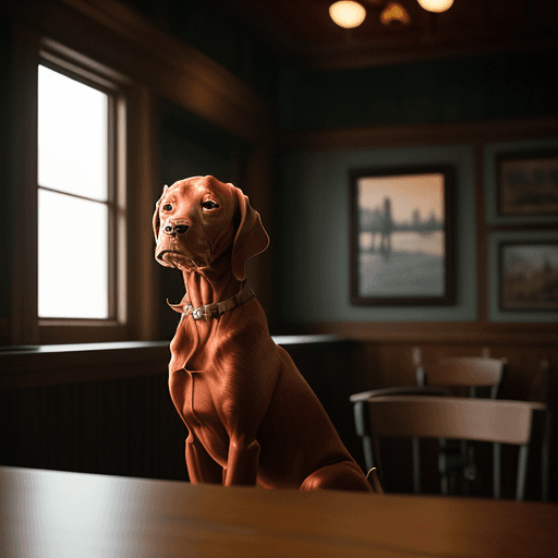 AI generated: Kodak disposable photography of vizsla, western bar, dreamy mood, 8k, photo realism, modern, minimal...