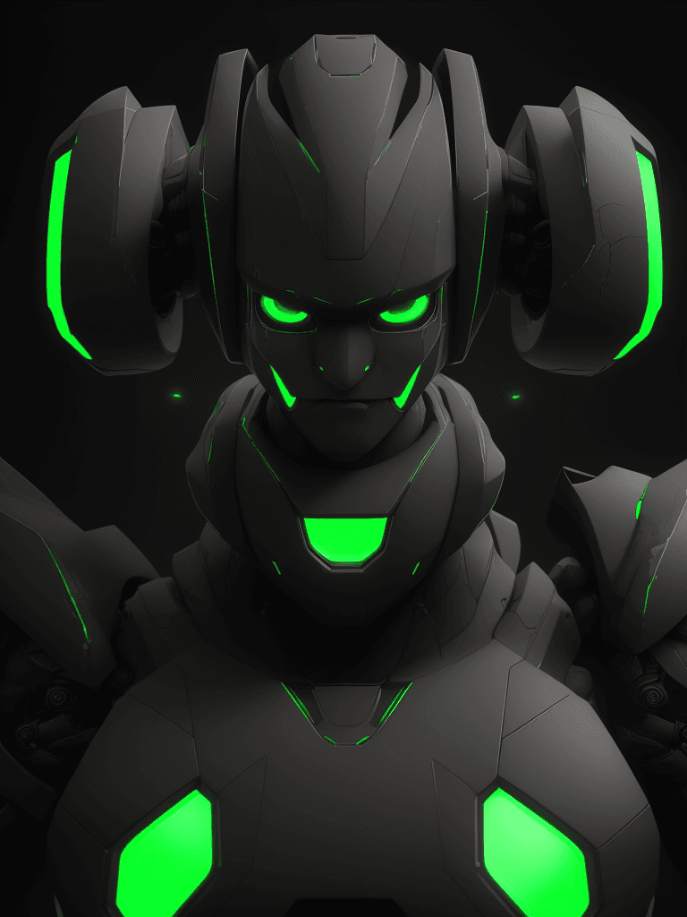 AI generated: 3d rendering, robot, front view, upper-body, neon glow with deep orange and green, gaze, glistening ...