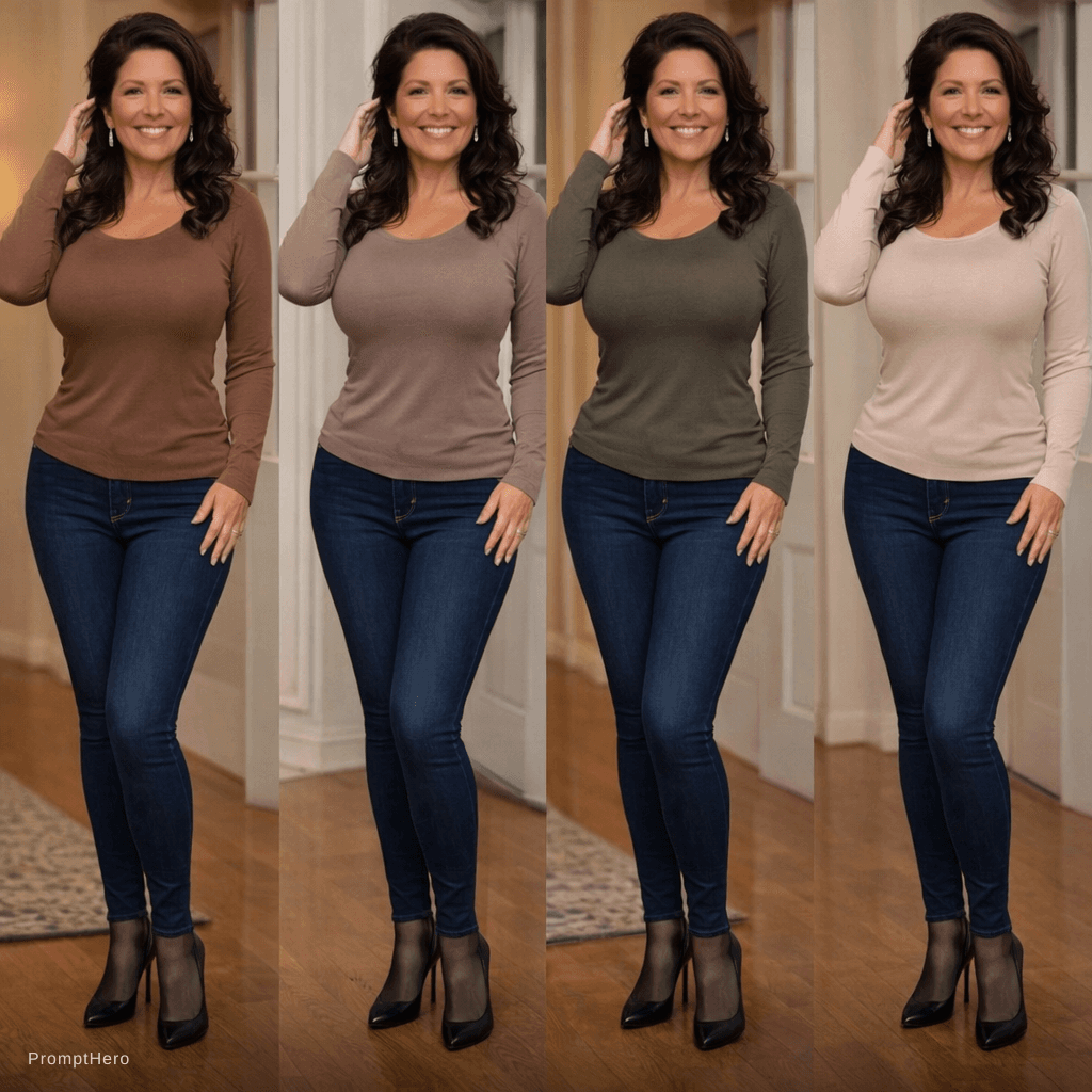 AI generated: find similar outfits, full body, wearing black high heels with black pantyhosed feet