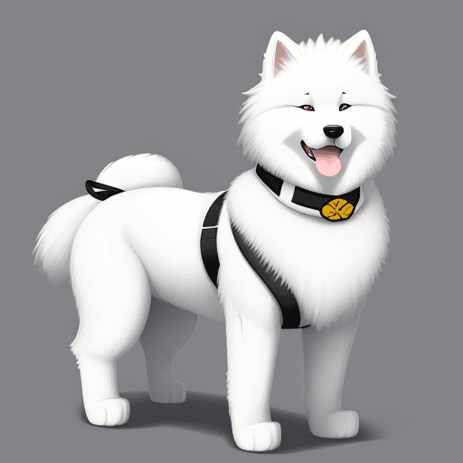 AI generated: drawing of a samoyed dog wearing a white kinomo and a black belt around its waist