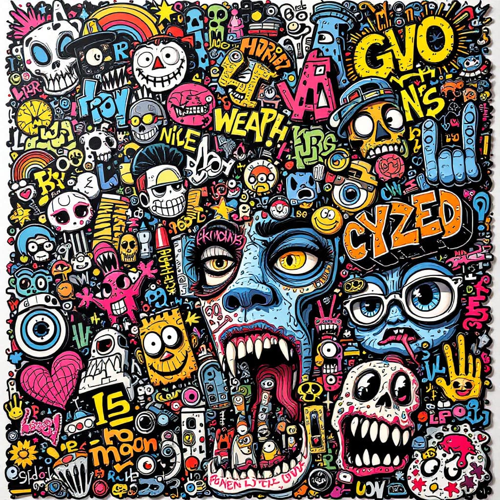 AI generated: An intricate and colorful graffiti-style poster featuring various elements, such as cartoon characte...