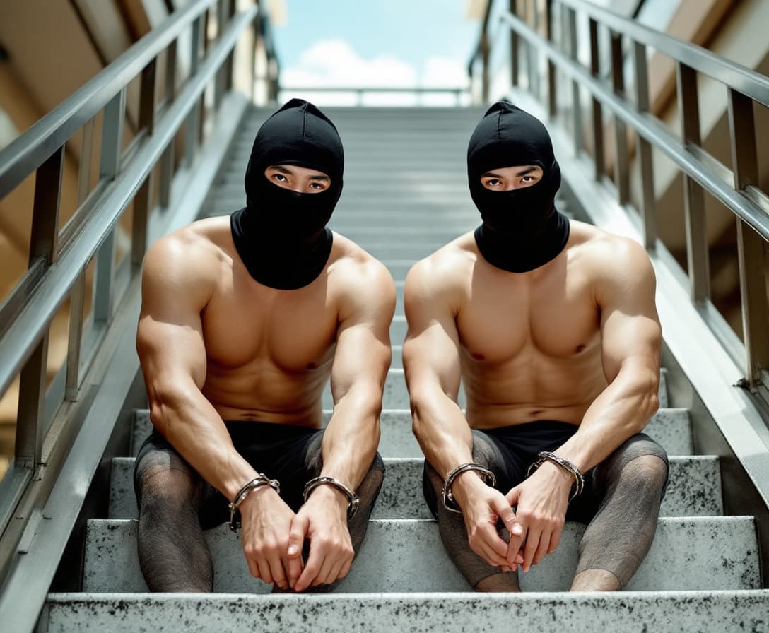 AI generated: Two male Asian born Chinese strong swimmers wearing compression jammers were arrested in day time. T...