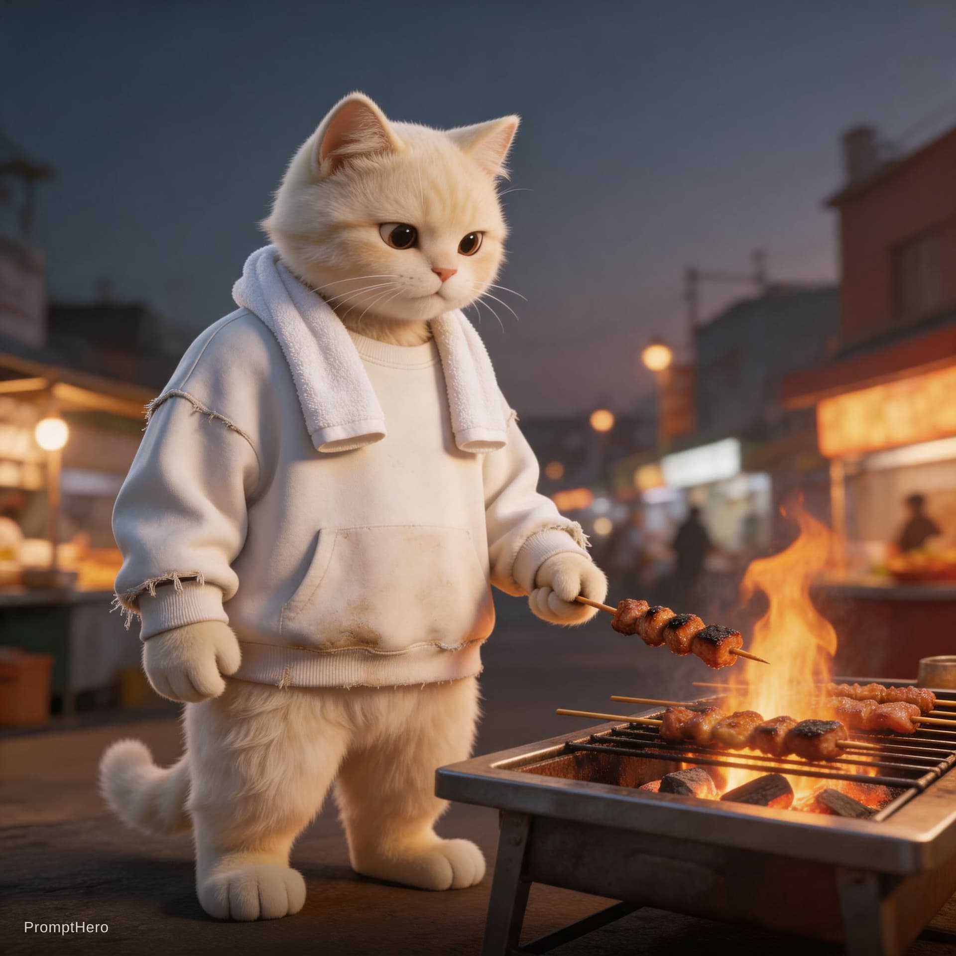 AI generated: Dramatic photo in 3D illustration, panorama, full body, anthropomorphic real cute creamy cat, wearin...