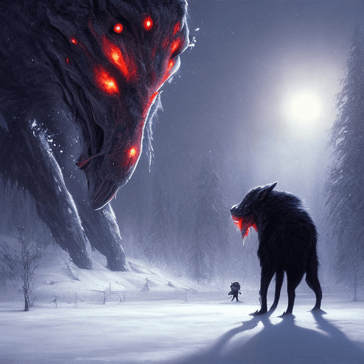 AI generated: Starvation black monster wolves with red eyes, fight in the ice age Scenery, : concept art::1 cyberp...