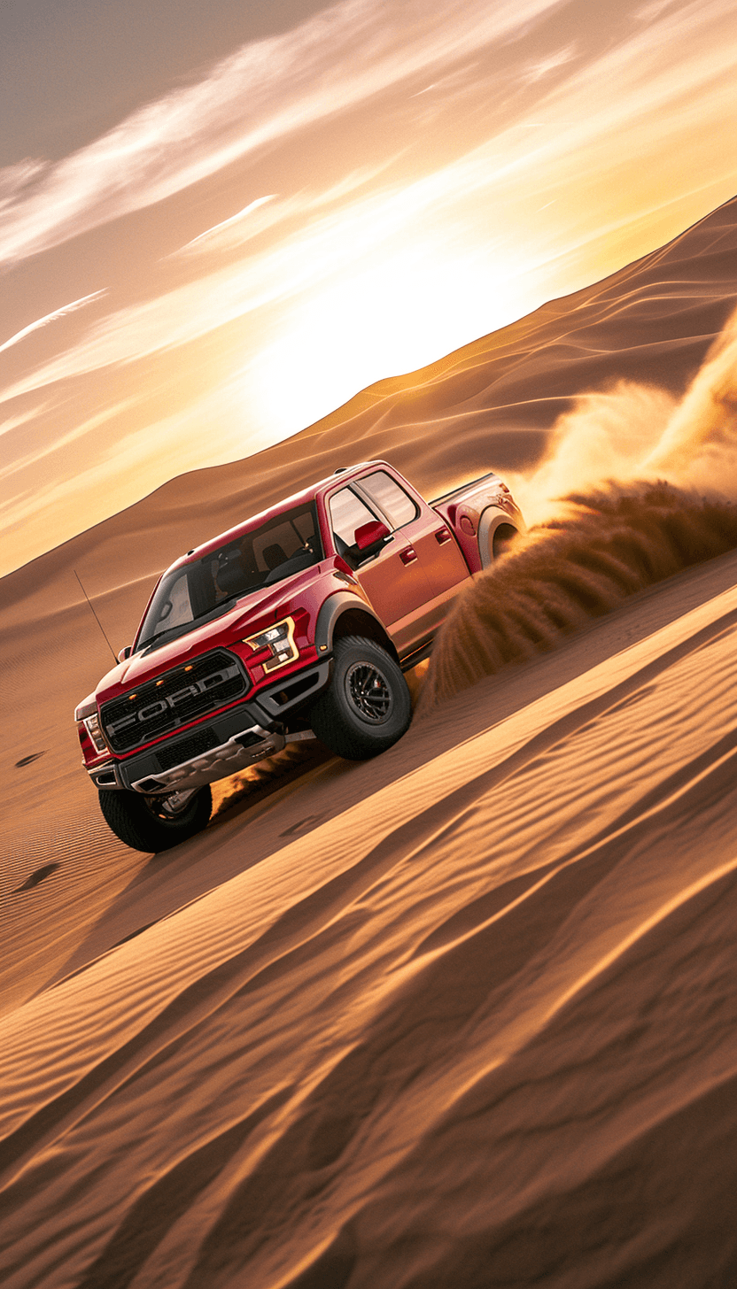 AI generated: photo of a red Ford F-150 Raptor racing in a sand dune, sunset, motion, shot on a Sony mirrorless ca...