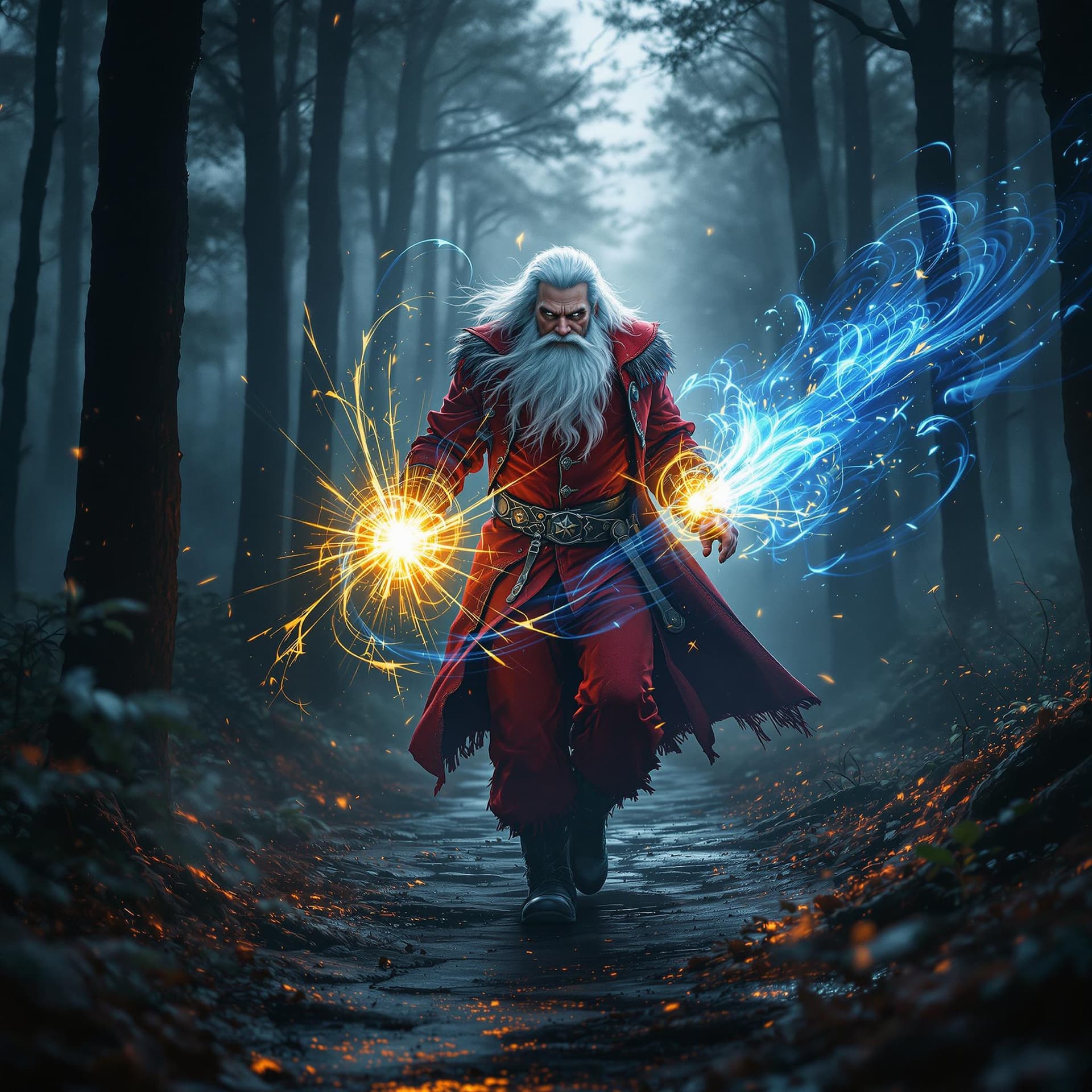 AI generated: movie poster, russian uncle frost wearing red rocker clothes is depicted in an action pose, going on...