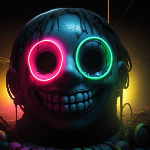 AI generated: acid smiley looming over the end of the world, neon, dystopian, dripping paint, photorealistic, cine...