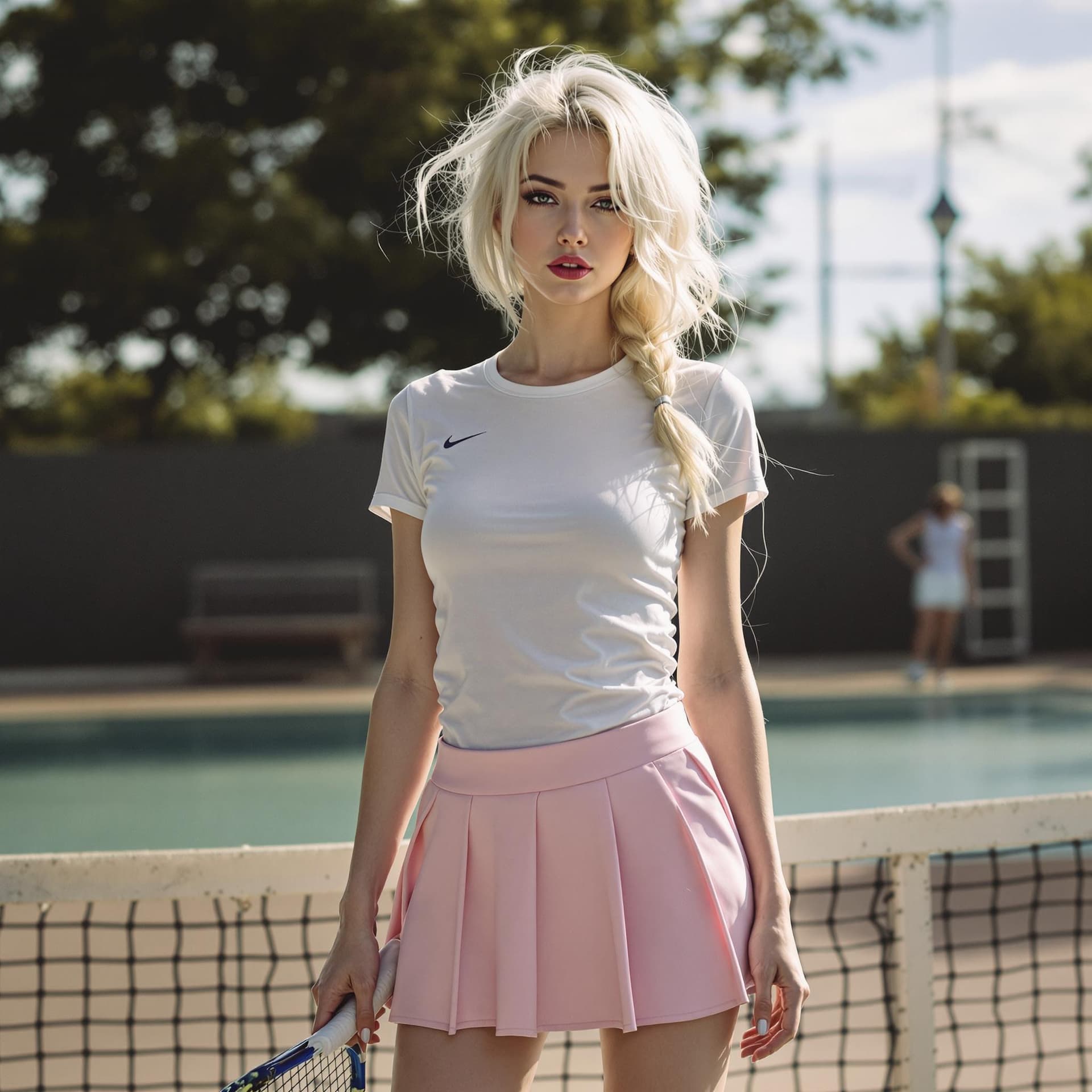 AI generated: white skin blonde with skinny hot face T-shirt tennis skirt