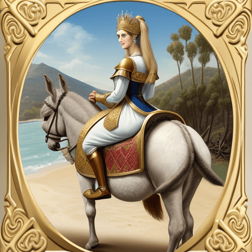 AI generated: Isabella of Portugal big oyster on a back of a donkey, visual background look like a collectible car...