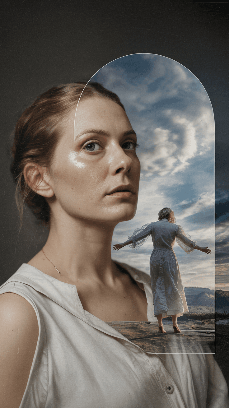 AI generated: Macroview of a canvas in shape of a holographic gate to heaven,a beatiful middle aged woman oil pant...