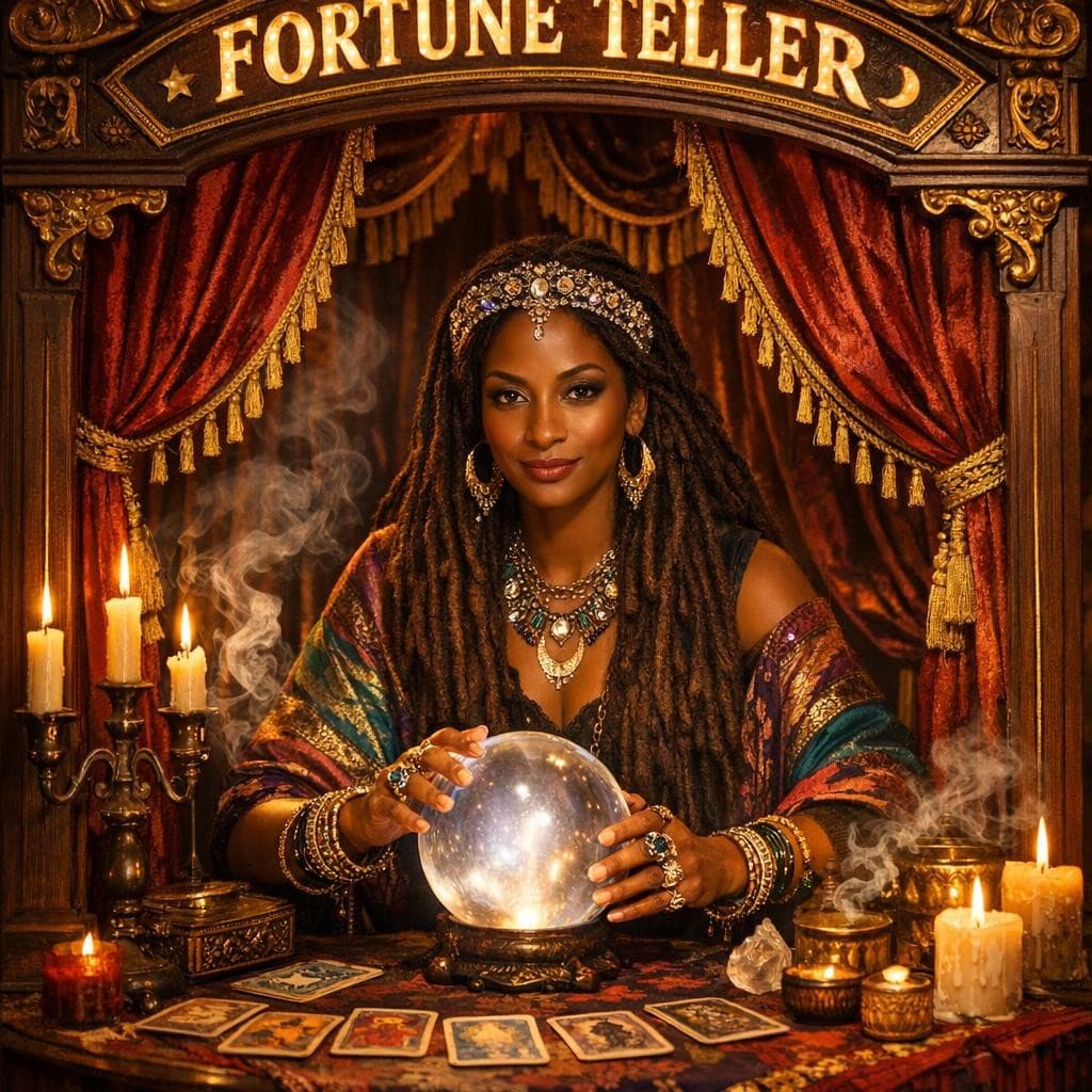 AI generated: A beautiful wooden fortune-telling booth in vintage fairground style, crafted from dark, richly fini...