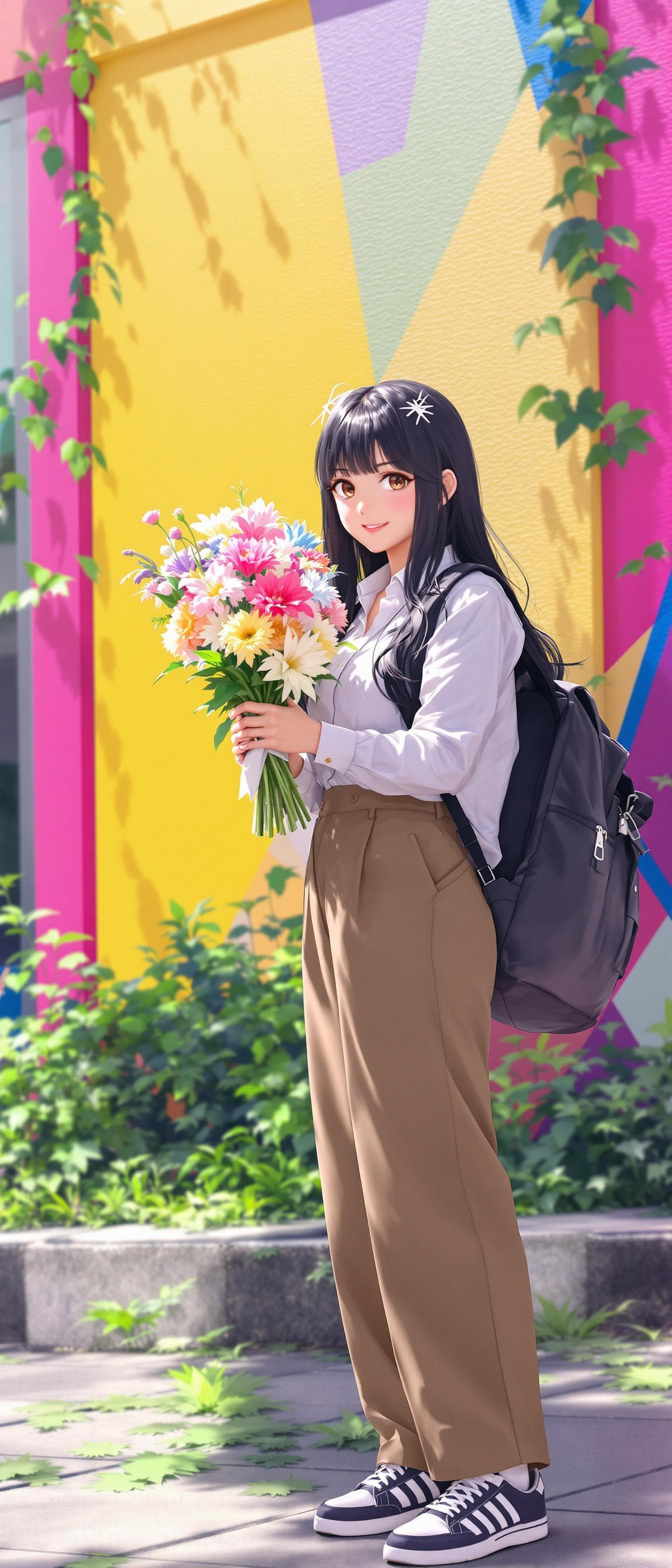 AI generated: In the image, ((full body:1.4)), anime realistic seen standing outdoors, holding a bouquet of flower...