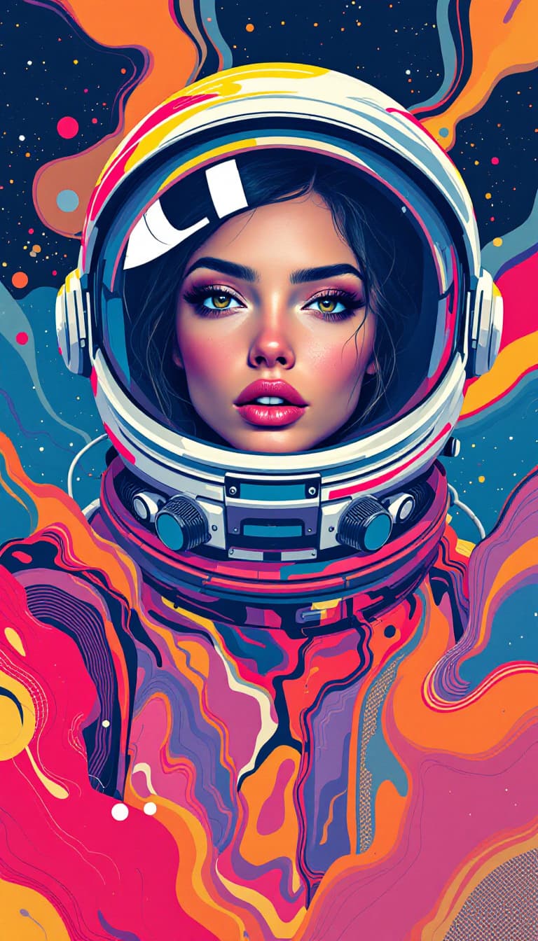 AI generated: A pop art-style digital illustration of an original, full-body female astronaut, with esthetically d...